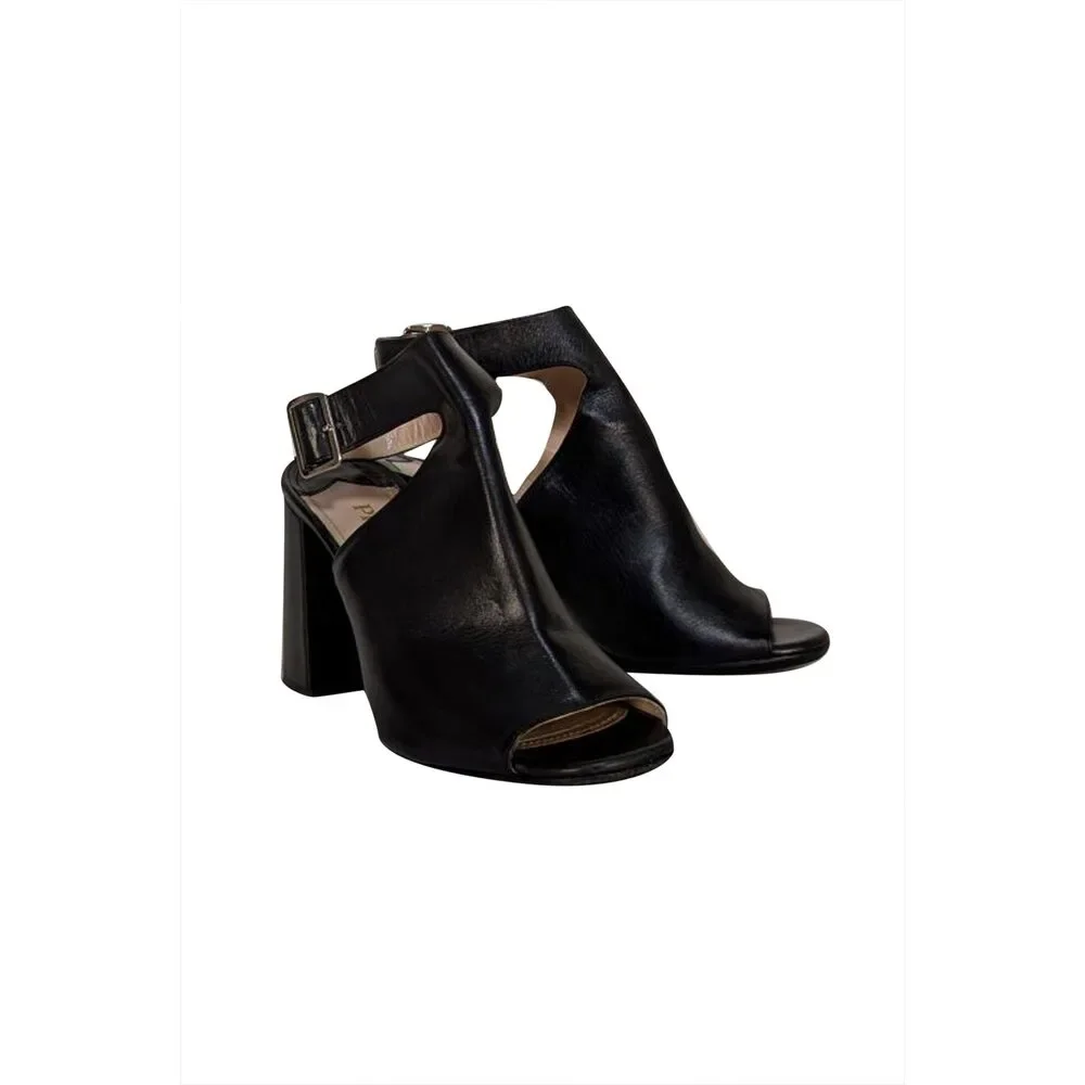 Prada - Black Leather Peep Toe Strappy Block Heel Sandals Sz 7.5